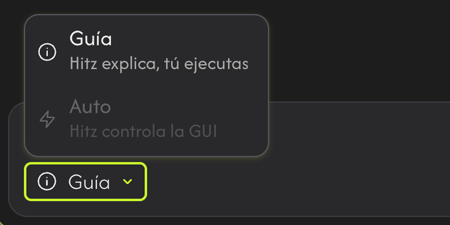 Modo Guía: indicador sobre la GUI y pasos en el chat